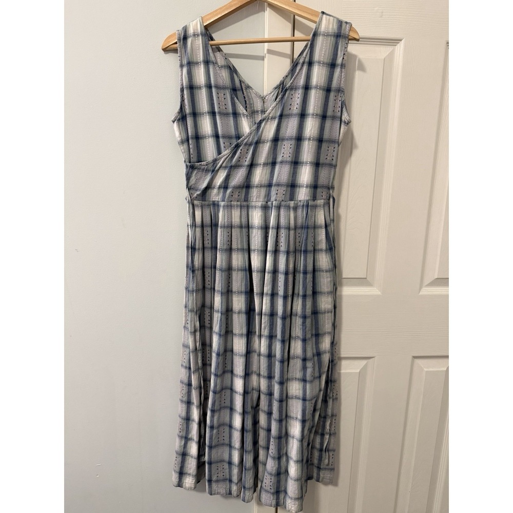 Monsoon Plaid Tie Midi Shirt Dress Sz 10 Fit Flare Aztec Cottage Prairie Blue - Picture 2 of 10